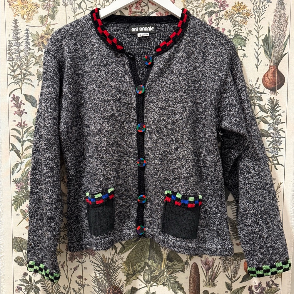 Vintage Gray Knit Cardigan with Checker Chenille Trim and Colorful Buttons